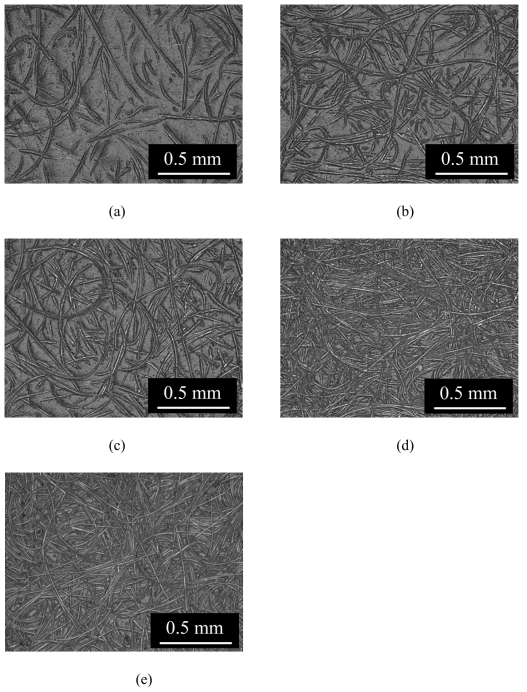 Surfaces of the specimens fabricated by the soft layer method under the following pressures: (a) 1 MPa; (b) 2 MPa; (c) 3 MPa; (d) 4 MPa; (e) 5 MPa