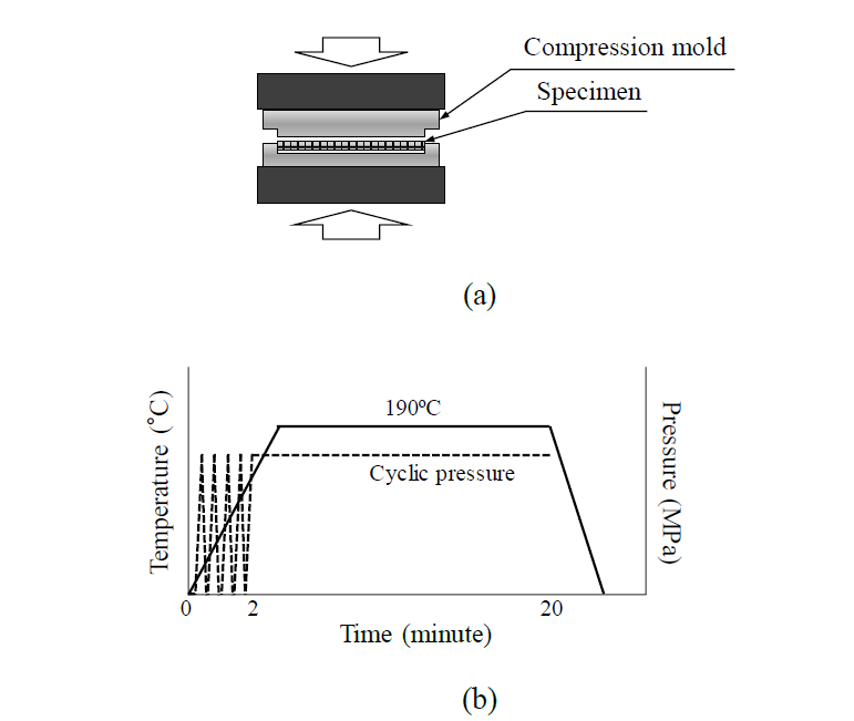 Fabrication method of the fluoroelastomer/glass fiber composite: (a) schematic diagram for compression molding; (b) curing condition