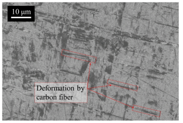 SEM image of the surface of copper after 20 MPa of pressure was applied with carbon fabric