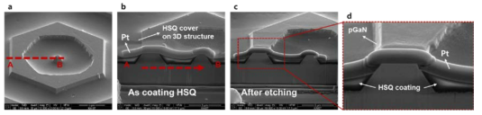 Fabrication process for leakage blocking layer; (a, b) the SEM images of a sample after HSQ coating, (c, d) the SEM images after partially HSQ etching. (A Pt layer is deposited to protect GaN 3D structures from being damaged by ion beam, when preparing crosssection spicemen by FIB method)