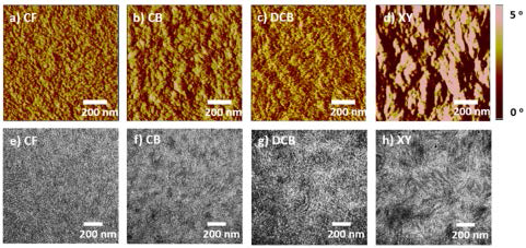 AFM phase (a−d) and TEM (e−h) images of PDFQx3T:P(NDI2OD-T2) blends prepared from CF, CB, DCB, and XY processing solvents