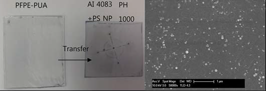 Optic image (left) and SEM image (right) for transfer of interlayer (AI 4083) with PS nanoparticles onto transparent electrode (PH 1000)
