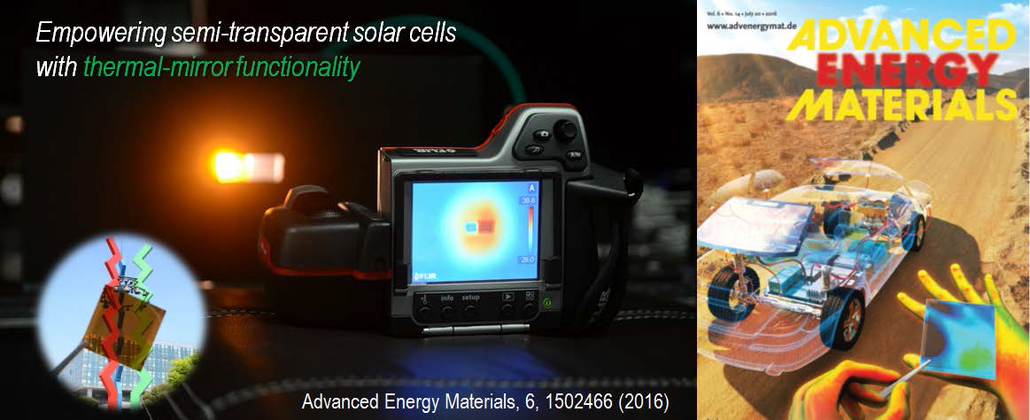 Pictures of the developed semi-transparent solar cells and the cover image of the related paper. The background image shows thermal-imaging camera showing the heat-rejecting capability of the proposed cell
