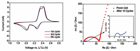 The cyclic voltammetry and electrochemical impedance plot of CNF-S composite