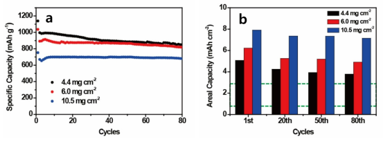 (a) Cycle performance and (b) areal capacity plot of CNF-S cell
