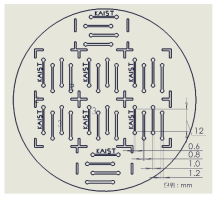 일자형 미세유체소자의 웨이퍼 도면. 여러 가지 유동과 조건을 재현하기 위해, 채널별 너비를 다른 일자형 소자 (0.6, 0.8, 1.0, 1.2 mm)