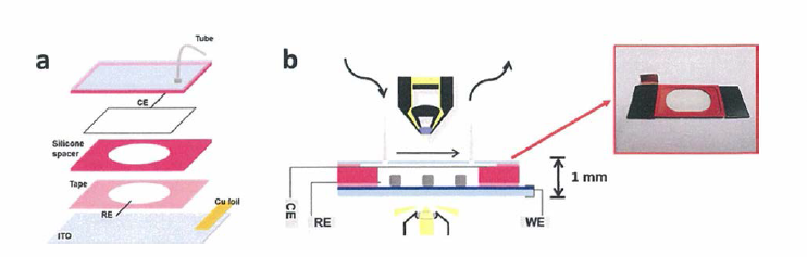 (a) 분광전기화학 셀의 제작 모식도 (b) 흐름 셀을 이용한 화학반응의 in-situ 모니터링 과정 모식도 및 실제 제작된 모습