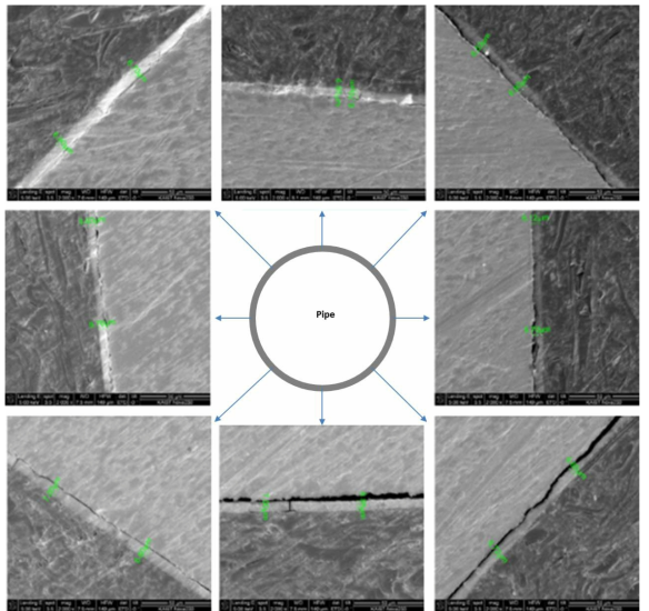 FESEM images of anodized cylindrical pipe using 4 platinum wire cathode, in various direction