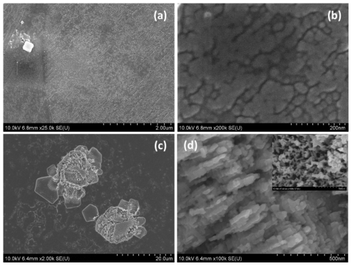 FESEM image of the stainless steel sample anodized in Ionic liquid electrolyte for 10 min at current density j=0.9mA/cm2 at room temperature (a) low, (b) magnification image when Pt-wire is used as a counter electrode, (c) low and (d) high magnification image when Pt-gauze is used as a counter electrode