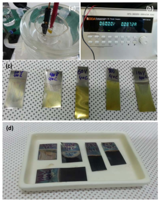 Digital pictures showing (a) the formation of yellow oxide layer on the surface of stainless steel surface in EG electrolyte containing 0.1M dm3 NH4F and 0.1M dm3 H2O at 40 °C at 60V, (b) programmable DC power supply showing the anodizing voltage, (c) as-anodized stainless steel samples at different voltages, (d) stainless steel samples after annealing