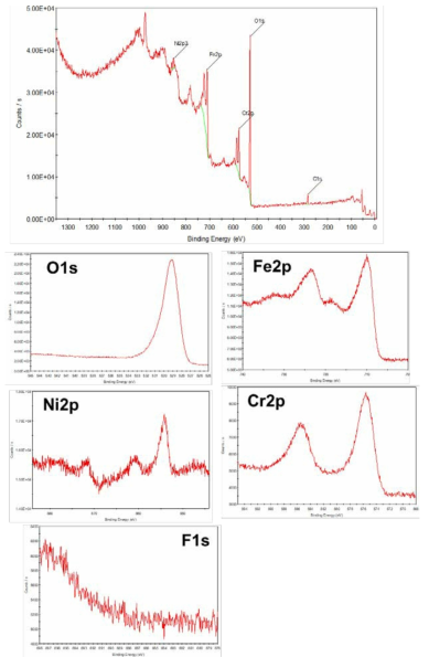 FESEM images of stainless steel sample anodized in EG electrolyte containing 0.1M dm3 NH4F and 0.1 %M dm3 DI H2O at 80 V and 40 °C. (a) as-anodized top surface, (b) annealed top surface, (c-d ) cross-sectional view of the oxide layer after annealing