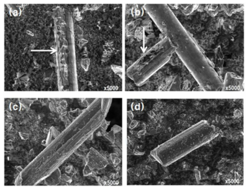 열분해 온도에 따른 재활용 탄소 섬유의 표면 사진; (a) 처리 전, (b) 400℃ 처리, (c) 600℃ 처리, (d) 800℃ 처리