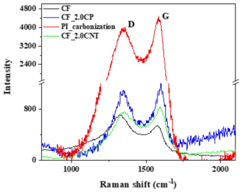 탄소 입자와 탄화 폴리이미드의 유무에 따른 탄소 폼의 라만 스펙트럼