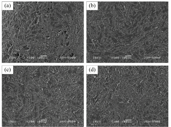 SEM topographies of the composite specimens cut along the in-plane direction: (a) PP-film, (b) PP/PE-sol_CNT3, (c) PP/PE-sol_CNT5, (d) PP/PE-sol_CNT7