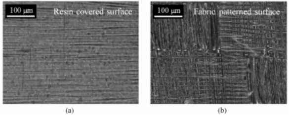 Microscopic images of the surface of the carbon/epoxy composite BP: (a) unmodified and (b) surface modified with one layer of polyester fabric