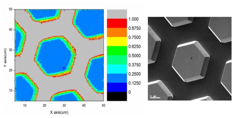 Mg/Ga intensity ratio mapping image (left) and SEM image (right) of truncated u-GaN core-p-GaN shell 3D structures