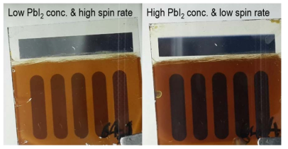 Photographs of the psSCs with different concentration and spin rate of PbI2 precursor solution