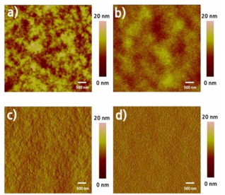 AFM height and phase image of the spin coated (a,c) and stamping transferred (b,d) PTB7:PC71BM active layer