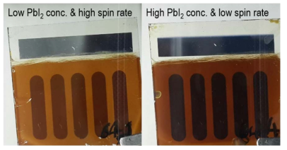 PbI2 용액의 농도와 스핀 속도에 따른 태양전지 사진