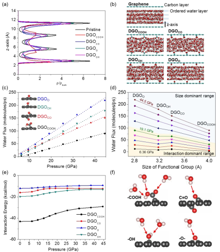 Influence of different oxygen functional groups on the water structure (A, B) and flow (C-E) through the nanochannel of DGO using equilibrium (A, B) and non-equilibrium (C-E) MD simulation. (A) Density profile of water along the z-axis of the nanochannel of DGOs. (B) Corresponding snapshots in equilibrated state at 1 atm, 298 K. (C) The flux of water molecules for every 1ps as a function of the pressure gradient in DGOCOOH, DGOCO, DGOOH, DGOO simulation systems. (D) Water flux of each nanochannel depending on the size of oxygen functional groups. Slightly blue region indicates the high-pressure region above 19.1 GPa to 44.5 GPa. (E) The binding energy of water molecules on the oxygen functional groups as a function of pressure. (F) Schematics for the interaction sites between water and oxygen functional groups