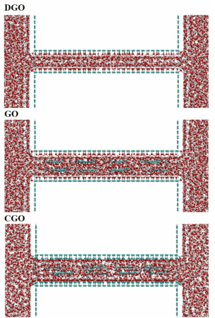 GO, DGO, CGO 시스템을 투과하는 물의 흐름을 분자동역학 시뮬레이션하기 위해 사용된