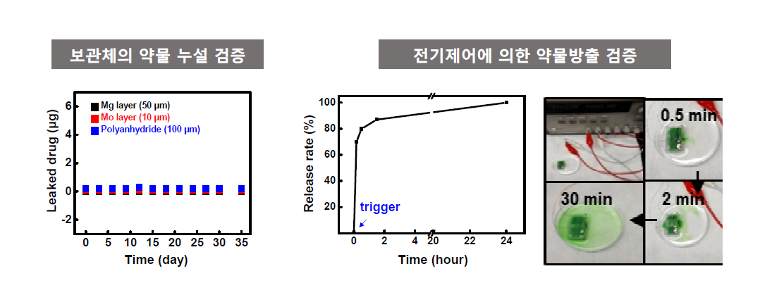 보관체를 통과하는 약물누출도 (좌) 및 약물방출 시 약물방출속도 (우)