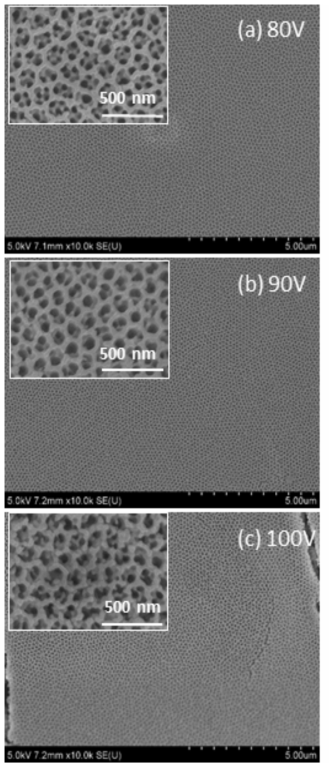 FESEM image of SUS-304L after electropolishing at constant voltage (70V) for 30 minutes at -5°C with anodization in ethylene glycol containing ammonium fluoride by varying the voltage (80-100V) at a constant temperature (5°C) for 10 minutes