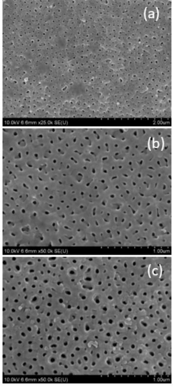 FESEM images of Ti sample electropolished sample at 60V for 1h at -5°C anodized in lactic acid containing ethylene glycol based electrolyte at 120V for (a) 5 min, (b) 10 min, and (c) 15 min