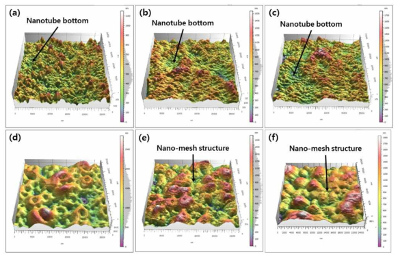 각 조건별 AFM 분석 결과 (a) 1st nanotube, (b) 2nd nanotube, (c) 3rd nanotube, (d) 5ions PEO, (e) 1st nanotube + (5ions) PEO, (f) 3rd nanotube + (5ions) PEO