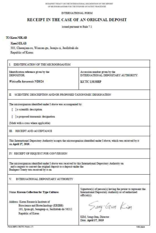 Weissella koreensis ND824 특허미생물 기탁증