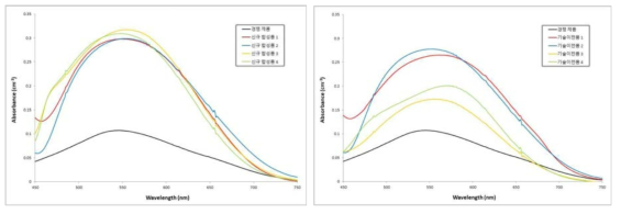 커큐민 유도체 화합물 4종과 경쟁 제품 CRANAD-2의 흡광 스펙트럼