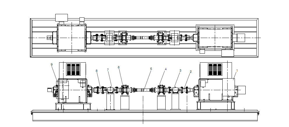 동력전달축 가속수명 시험 장비 1. 입력측 다이나모미터 2. 입력측 커플링 3. 입력측 토크미터 4. 입력측 베어링 블럭 5. 동력전달축 6. 출력측 베어링 블럭 7. 출력측 토크미터 8. 출력측 베어링 블록 9. 출력측 다이나모미터