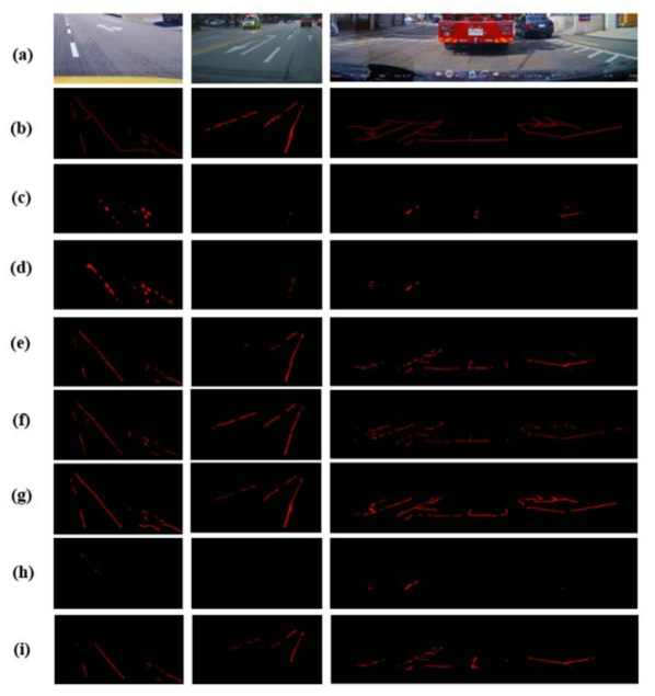 다양한 CNN 인코더를 사용한 균열 감지 결과의 비교 (캡처 된 이미지의 일부만 표시됨): (a)테스트 이미지; (b)(a)의 실제 균열 위치를 빨간색으로 표시한 그림; (c)SegNet으로 균열을 검출한 결과; (d)VGG-16을 인코더로 사용하는 네트워크로 균열을 검출한 결과; (e)ResNet-50을 인코더 네트워크로 사용하는 네트워크로 균열을 검출한 결과; (f)ResNet-101을 인코더 네트워크로 사용하는 네트워크로 균열을 검출한 결과; (g)ResNet-152를 인코더 네트워크로 사용하는 네트워크로 균열을 검출한 결과; (h)전이학습없이 ResNet-152를 인코더 네트워크로 사용하는 네트워크로 균열을 검출한 결과; (i)ResNet-200을 인코더 네트워크로 사용하는 네트워크로 균열을 검출한 결과 (Bang et al. 2019)