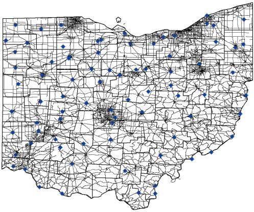 미국 오하이오 주 분석 대상 도로 구간 및 기상 관측 지점