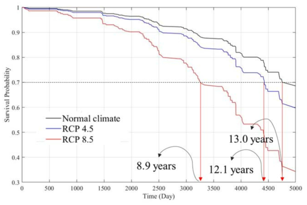 시간에 따른 도로 포장 수명 생존 함수(검정색: 정상적인 기후 조건, 파란색:RCP 4.5 시나리오, 빨간색: RCP 8.5 시나리오)
