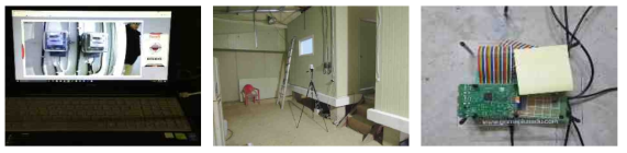 적산전력계와 라즈베리 파이 모뎀(좌:CCTV 화면, 중: 카메라 세팅, 우: 모뎀)