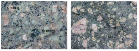 다공질을 가진 장석반암의 사진(녹회색: 사장석, 분홍색: 정장석, 무색: 석영)
