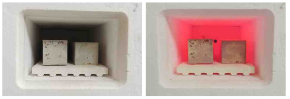 장석반암의 내화실험사진(좌: 가열 전, 우: 900 ℃가열 후)