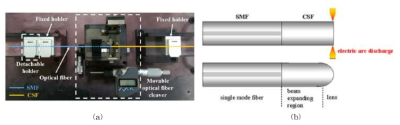 렌즈형 광섬유 제작공정. (a) 렌즈형 광섬유의 빛 확장 영역을 위한 CSF 절단 시스템, (b) CSF 절단면에서의 렌즈형태 가공 방법