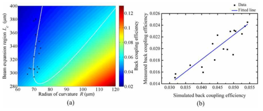 렌즈형 광섬유 표면으로부터 재결합 되는 빛의 효율. (a) 검은색 점은 제작된 렌즈형 광섬유, 흰색 등고선은 초점거리 380 mm를 가지는 Lc와 R의 조합. (b) 시뮬레이션을 통한 재결합 효율과 실제로 측정된 재결합 효율의 Pearson’s correlation efficient = 0.93