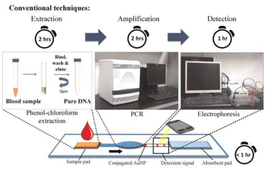 분자진단의 과정이 통합된 페이퍼 기반 All-in-one 장비의 예시 Biosensors and Bioelectron, 2015, 74, 427-439