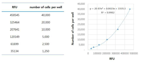 High-throughput 96well cell migration 분석에 이용할 HepG2/metR 세포의 calcein AM 염색에 의한 standard curve