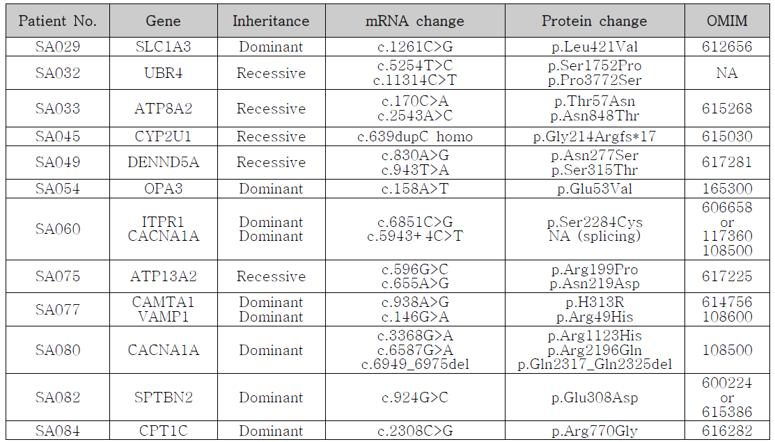 한국인 운동실조증 환자의 원인유전자 및 변이체 정보, VUS variants with Unknown segregation