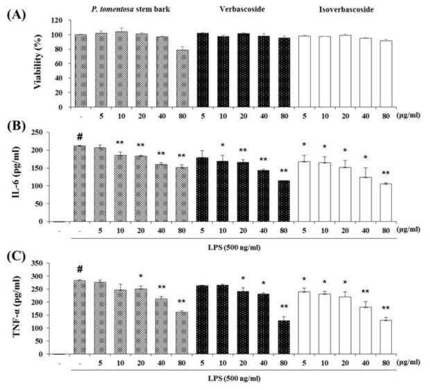 The extract of P. tomentosa stem bark (PTBE) attenuates the releases of inflammatory cytokines in lipopolysaccharide (LPS)-stimulated RAW 264.7 macrophages. The cells were pretreated with PTBE (2.5, 5, 10, 20, 40 and 80 μg/ml) 1 h prior to incubation with LPS (500 ng/ml) for 24 h. (A) No noticeable cell death was observed up to 40 μg/ml of PTBE. (B-C) The concentration of IL-6 and TNF-α in culture media was determined using ELISA. Data are expressed as the mean ± S.D. #p < 0.01 indicates statistically significantly different from normal control group. *p < 0.05 and **p < 0.01 indicates statistically significant difference compared to the LPS group
