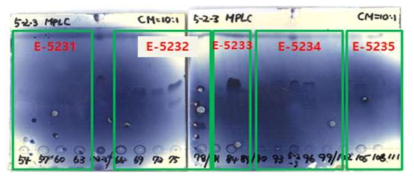 E-523 분획물의 ODS MPLC 수행 후 분획물의 silica gel TLC 분석