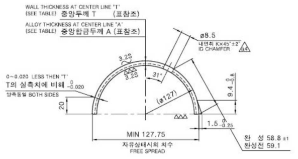 자유상태시의 직경 및 중앙두께 측정을 위한 도면