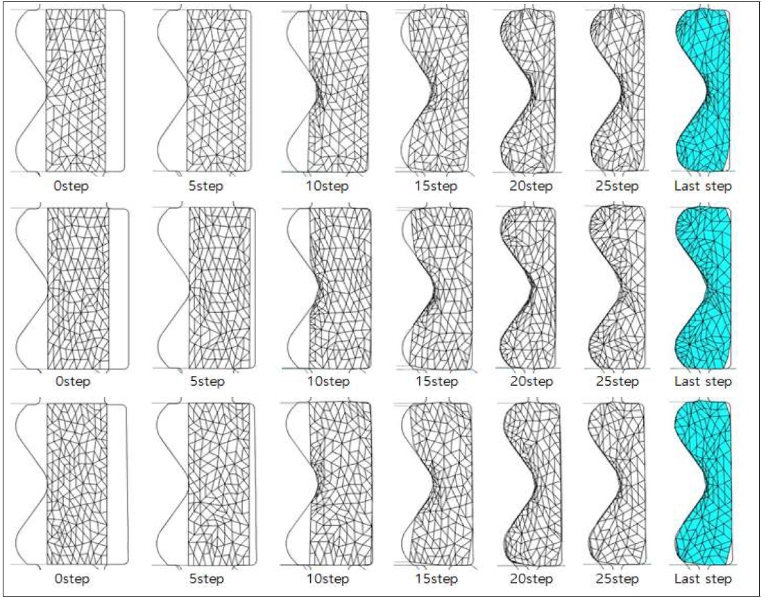 기존, 온도, taper에 따른 1pass의 step별 유한요소해석 형상