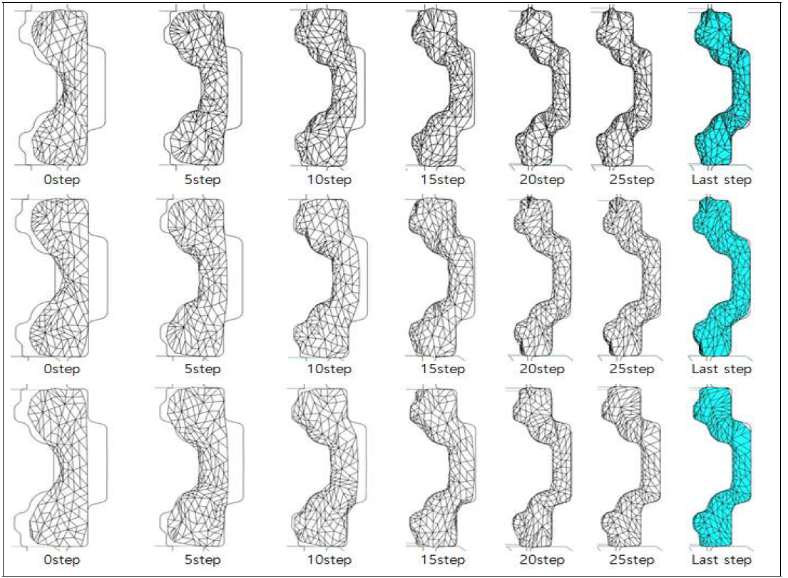 기존, 온도, taper에 따른 2pass의 step별 유한요소해석 형상