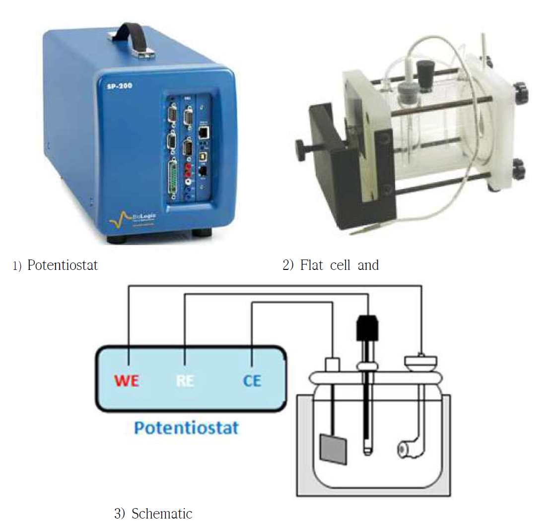 동전위 양분극 시험에 사용된 장비와 부식시험 셀의 구성