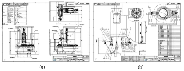 3축 밀링 가공기 설계 도면 예 ((a) 전체 Lay out (b) 토치 클램핑장치)